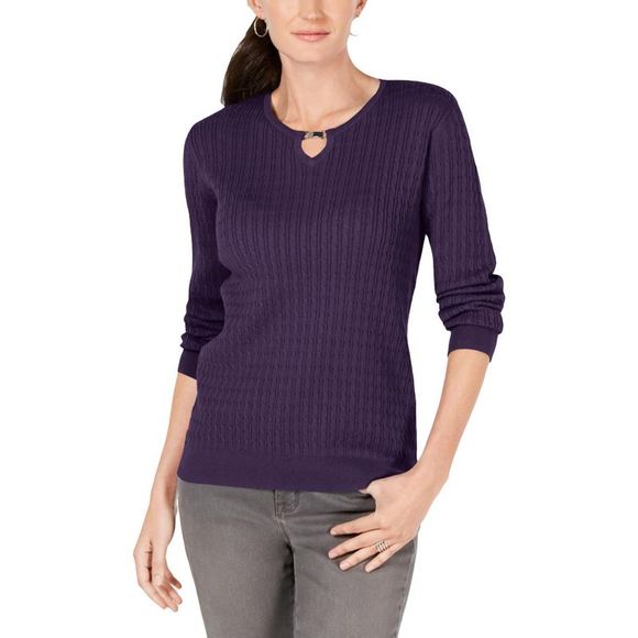 Karen Scott Sweaters - Karen Scott Womens Purple Cable Knit Keyhole Cotton Pullover Sweater NWT
